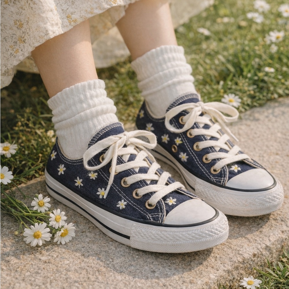 Converse Chuck Taylor Daisy Embroidered Low Top Sneakers Blue Size 5.5